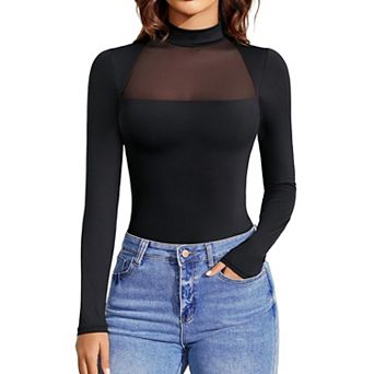 Avidlove Women Mock Neck Sheer Mesh Panel Double Lined Thong Long Sleeve Shapewear Bodysuit