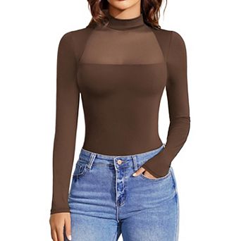 Avidlove Women Mock Neck Sheer Mesh Panel Double Lined Thong Long Sleeve Shapewear Bodysuit