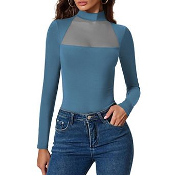 Avidlove Women Mock Neck Sheer Mesh Panel Double Lined Thong Long Sleeve Shapewear Bodysuit