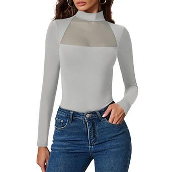Avidlove Women Mock Neck Sheer Mesh Panel Double Lined Thong Long Sleeve Shapewear Bodysuit