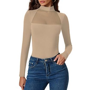 Avidlove Women Mock Neck Sheer Mesh Panel Double Lined Thong Long Sleeve Shapewear Bodysuit
