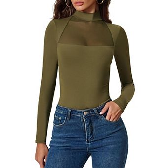 Avidlove Women Mock Neck Sheer Mesh Panel Double Lined Thong Long Sleeve Shapewear Bodysuit