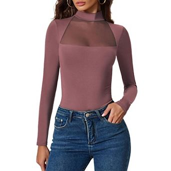 Avidlove Women Mock Neck Sheer Mesh Panel Double Lined Thong Long Sleeve Shapewear Bodysuit