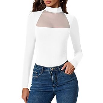 Avidlove Women Mock Neck Sheer Mesh Panel Double Lined Thong Long Sleeve Shapewear Bodysuit