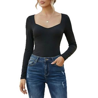 Avidlove Women Square Sweetheart Neck Double Lined High Stretch Long Sleeve Thong Bodysuit