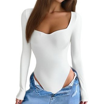 Avidlove Women Square Sweetheart Neck Double Lined High Stretch Long Sleeve Thong Bodysuit