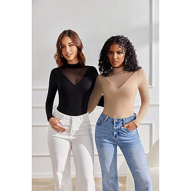 Avidlove Women Mock Turtleneck Sheer Mesh V Panel Double Lined Long Sleeve Thong Bodysuit