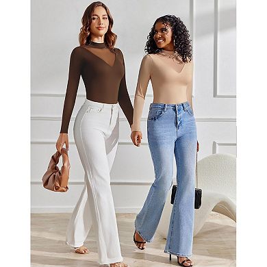 Avidlove Women Mock Turtleneck Sheer Mesh V Panel Double Lined Long Sleeve Thong Bodysuit