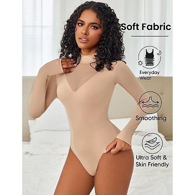 Avidlove Women Mock Turtleneck Sheer Mesh V Panel Double Lined Long Sleeve Thong Bodysuit