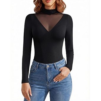 Avidlove Women Mock Turtleneck Sheer Mesh V Panel Double Lined Long Sleeve Thong Bodysuit