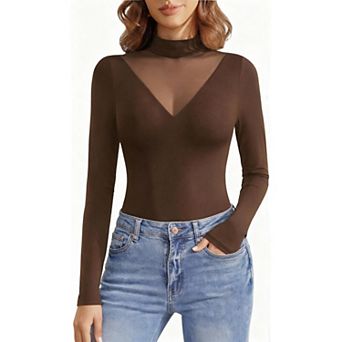 Avidlove Women Mock Turtleneck Sheer Mesh V Panel Double Lined Long Sleeve Thong Bodysuit