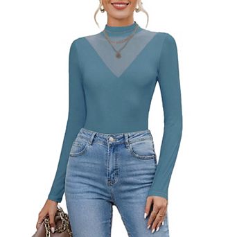 Avidlove Women Mock Turtleneck Sheer Mesh V Panel Double Lined Long Sleeve Thong Bodysuit