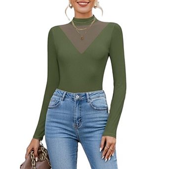 Avidlove Women Mock Turtleneck Sheer Mesh V Panel Double Lined Long Sleeve Thong Bodysuit
