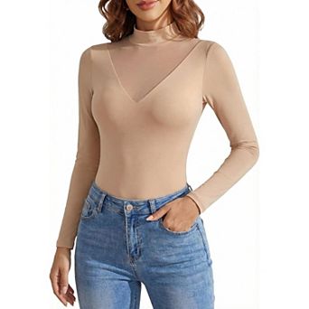 Avidlove Women Mock Turtleneck Sheer Mesh V Panel Double Lined Long Sleeve Thong Bodysuit
