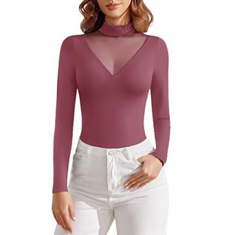 Avidlove Women Mock Turtleneck Sheer Mesh V Panel Double Lined Long Sleeve Thong Bodysuit