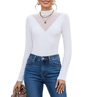 Avidlove Women Mock Turtleneck Sheer Mesh V Panel Double Lined Long Sleeve Thong Bodysuit