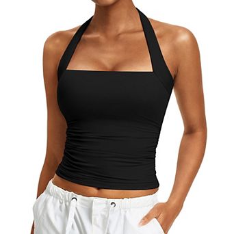 Avidlove Women Square Neck Halter Ruched Waist Double Layer Slim Fit Summer Tank Top