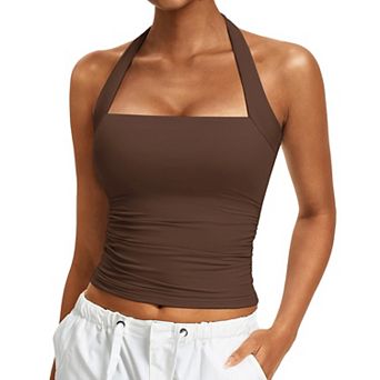 Avidlove Women Square Neck Halter Ruched Waist Double Layer Slim Fit Summer Tank Top