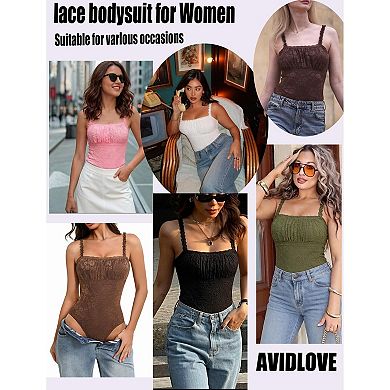 Avidlove Square Neck Adjustable Strap Floral Lace Double Lined Thong Sleeveless Bodysuit