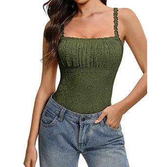 Avidlove Square Neck Adjustable Strap Floral Lace Double Lined Thong Sleeveless Bodysuit