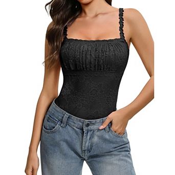 Avidlove Square Neck Adjustable Strap Floral Lace Double Lined Thong Sleeveless Bodysuit