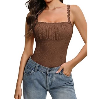 Avidlove Square Neck Adjustable Strap Floral Lace Double Lined Thong Sleeveless Bodysuit