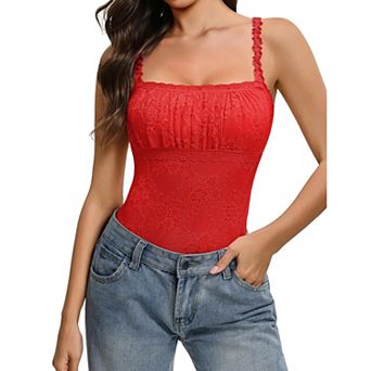 Avidlove Square Neck Adjustable Strap Floral Lace Double Lined Thong Sleeveless Bodysuit