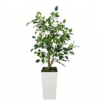 Lifelike Artificial Ficus Tree Modern Faux Greenery with Realistic Silk Leaves, UV Resistant