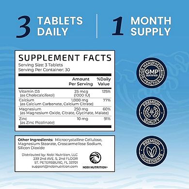 Nobi Nutrition Calcium Magnesium Vitamin D Zinc Tablets, 90 Count.
