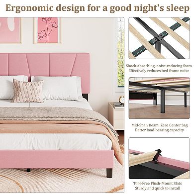 Bed Frame with Upholstered Headboard, Modern Fabric Platform Bed Frame with Wooden Slat Support
