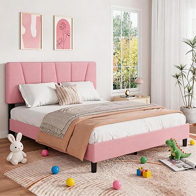 Bed Frame with Upholstered Headboard, Modern Fabric Platform Bed Frame with Wooden Slat Support