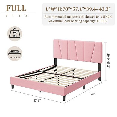 Bed Frame with Upholstered Headboard, Modern Fabric Platform Bed Frame with Wooden Slat Support