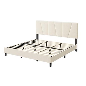 Bed Frame with Upholstered Headboard, Modern Fabric Platform Bed Frame with Wooden Slat Support