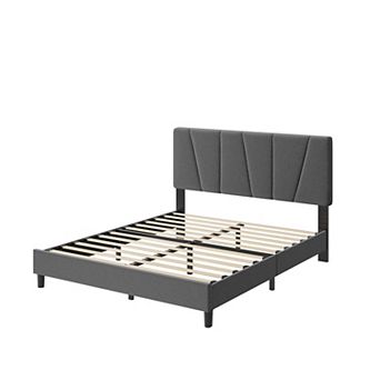 Bed Frame with Upholstered Headboard, Modern Fabric Platform Bed Frame with Wooden Slat Support