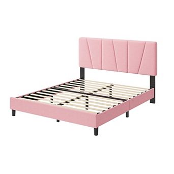Bed Frame with Upholstered Headboard, Modern Fabric Platform Bed Frame with Wooden Slat Support
