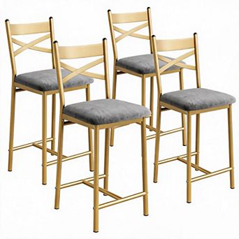 Modern Counter Height Bar Stools Set of 4 with Backrest PU Leather Upholstered Seat Metal Legs