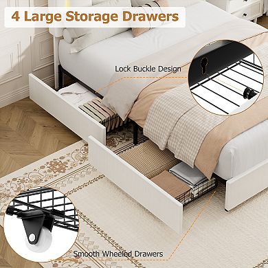 Storage Bed Frame with 4 Drawers, Pu Leather Platform Bed with Led Lights and Charging Station