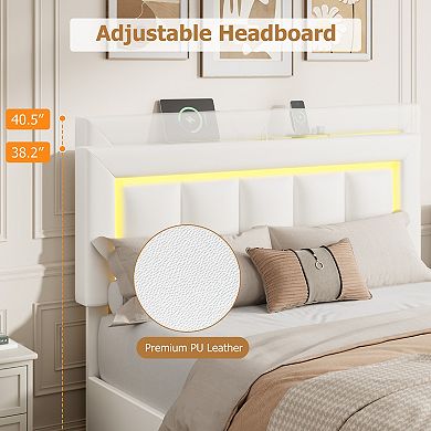 Storage Bed Frame with 4 Drawers, Pu Leather Platform Bed with Led Lights and Charging Station