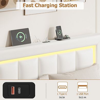 Storage Bed Frame with 4 Drawers, Pu Leather Platform Bed with Led Lights and Charging Station