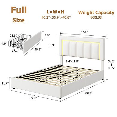 Storage Bed Frame with 4 Drawers, Pu Leather Platform Bed with Led Lights and Charging Station