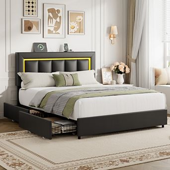 Storage Bed Frame with 4 Drawers, Pu Leather Platform Bed with Led Lights and Charging Station