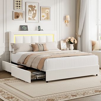 Storage Bed Frame with 4 Drawers, Pu Leather Platform Bed with Led Lights and Charging Station
