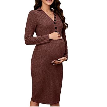 Women Maternity Casual Long Sleeve V Neck Ribbed Knit Bodycon Dress