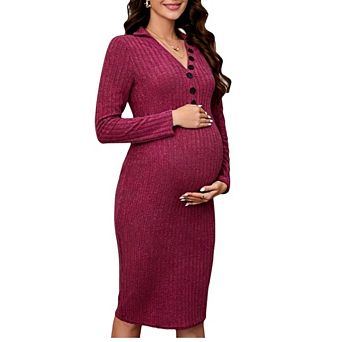 Women Maternity Casual Long Sleeve V Neck Ribbed Knit Bodycon Dress