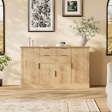 Modern Farmhouse Sideboard Buffet Cabinet with Gold Handles, 4 Doors, 2 Drawers, Adjustable Shelf