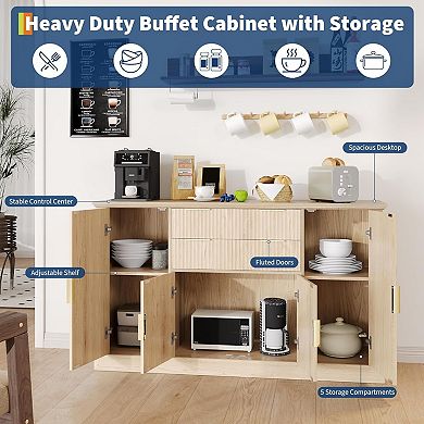 Modern Farmhouse Sideboard Buffet Cabinet with Gold Handles, 4 Doors, 2 Drawers, Adjustable Shelf