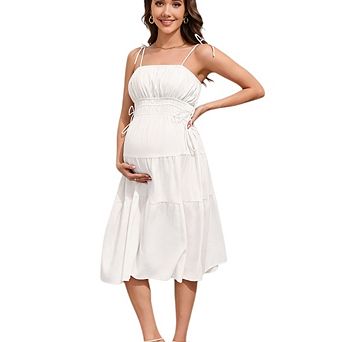 Women Maternity Bow Tie V Neck Baby Shower Photoshoot Casual Boho Sundress
