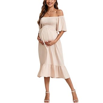 Women's Maternity Ruffle Short Sleeve Flowy Off Shoulder A Line Photoshoot Baby Shower Dress