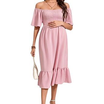 Women's Maternity Ruffle Short Sleeve Flowy Off Shoulder A Line Photoshoot Baby Shower Dress