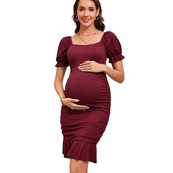 Women's Maternity Short Puff Sleeve Square Neck Ruffle Hem Smocked Bodycon Dress